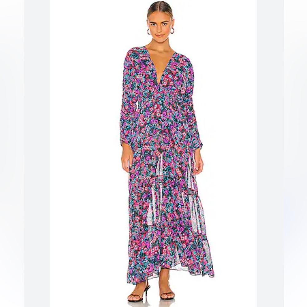 Misa Los Angeles Blue and Pink Ruffled Tiered Sundress